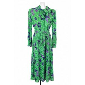 Robert Janan Designed by Eva Vintage 100% Silk Green Floral Belt Bow Dress 16